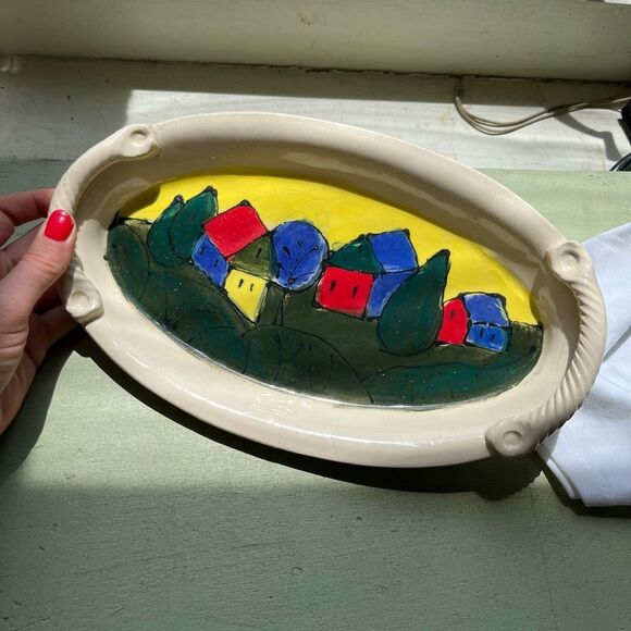 Handmade Art Pottery Tray Abstract Village Scene Colorful Catch-All Dish 12" - Picture 4 of 5